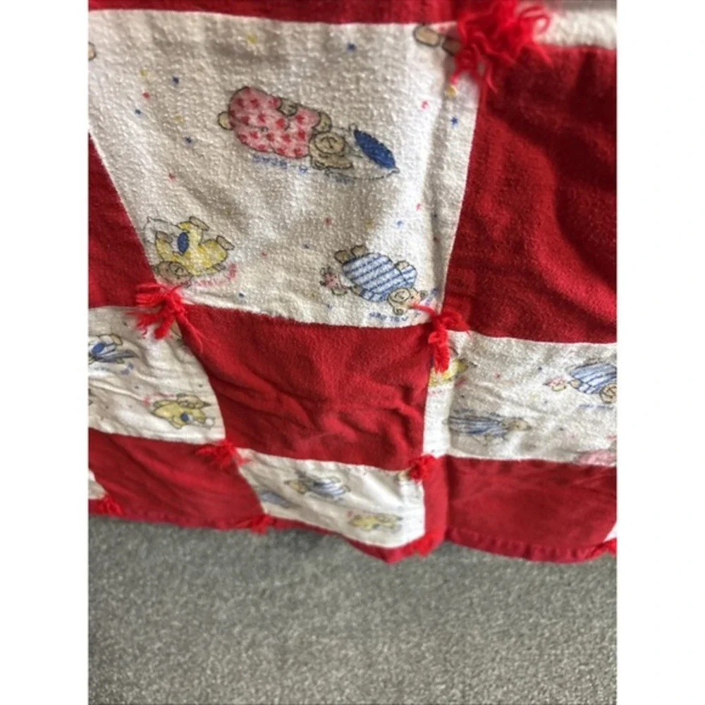 VTG Patchwork Baby Country Core Cottage Teddy Bear Handmade Tied Quilt Red White
